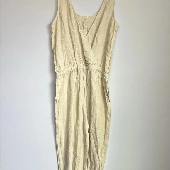 Cloth & Stone Sz M Jumpsuit Linen Drawstring Wide Leg Crop Natural Tan Lagenlook - Picture 15 of 16